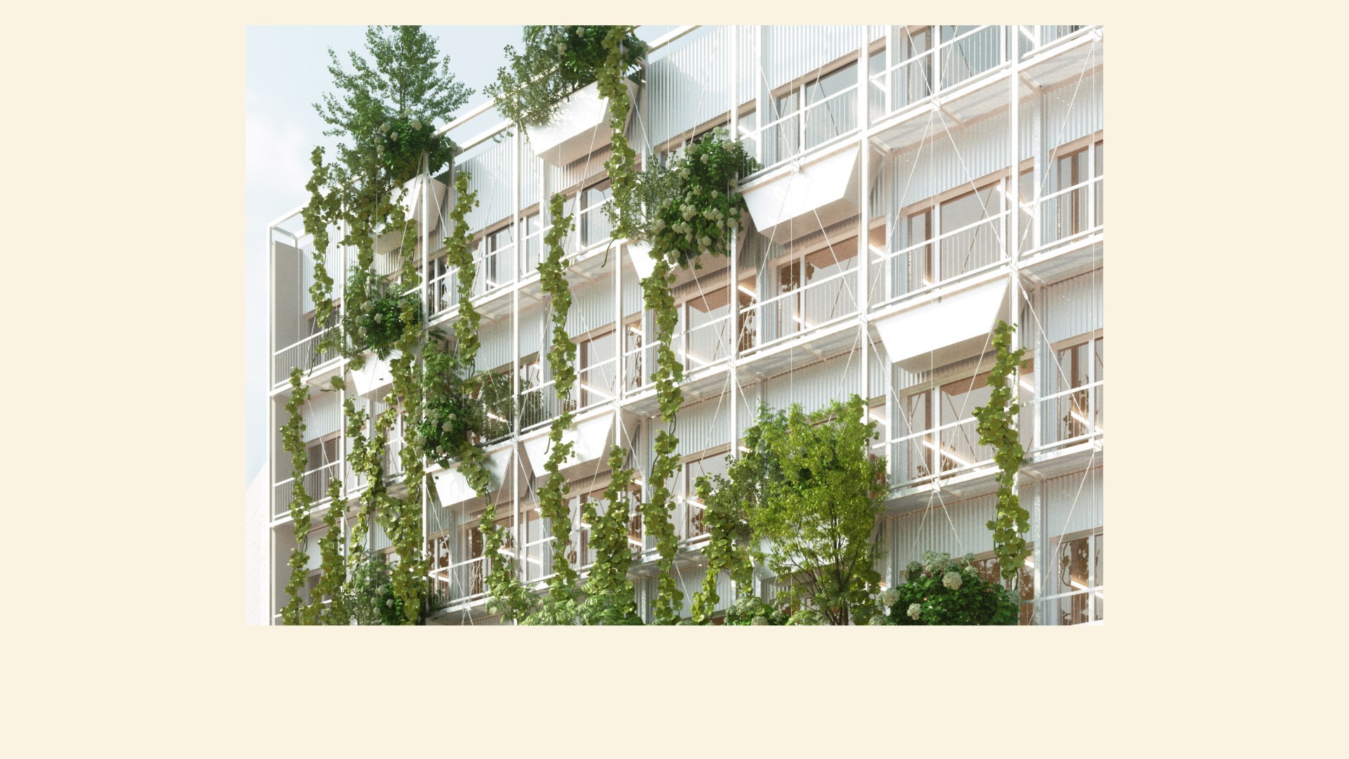 Ansicht der Gr&uuml;nfassade an denen gr&uuml;ne Kletterpflanzen wachsen