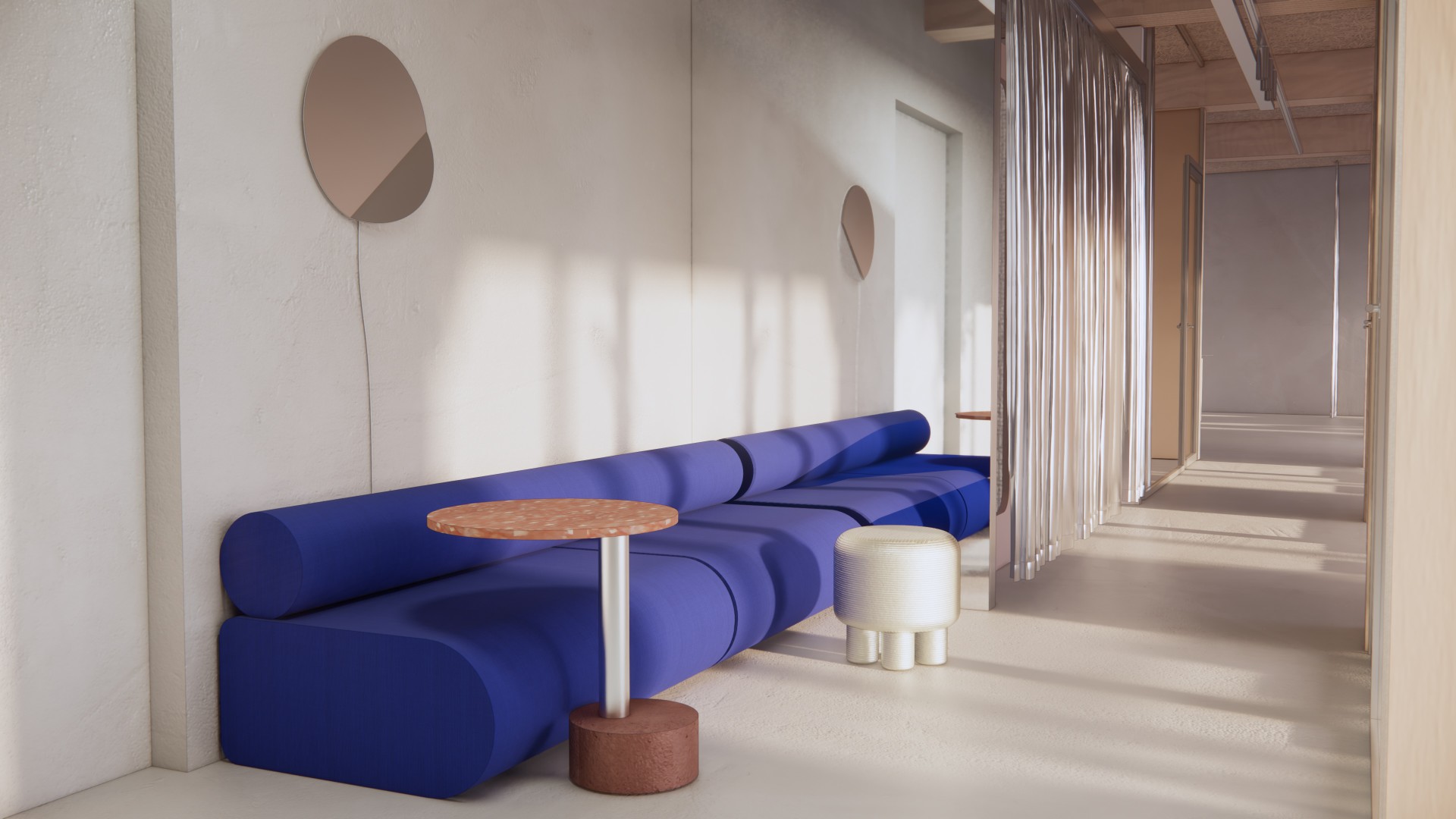 Die geplante Lounge zeigt eine helle, offene Atmosph&auml;re mit minimalistischen M&ouml;beln, Beton- und Holzelementen sowie einem gemeinschaftlichen Sitzbereich