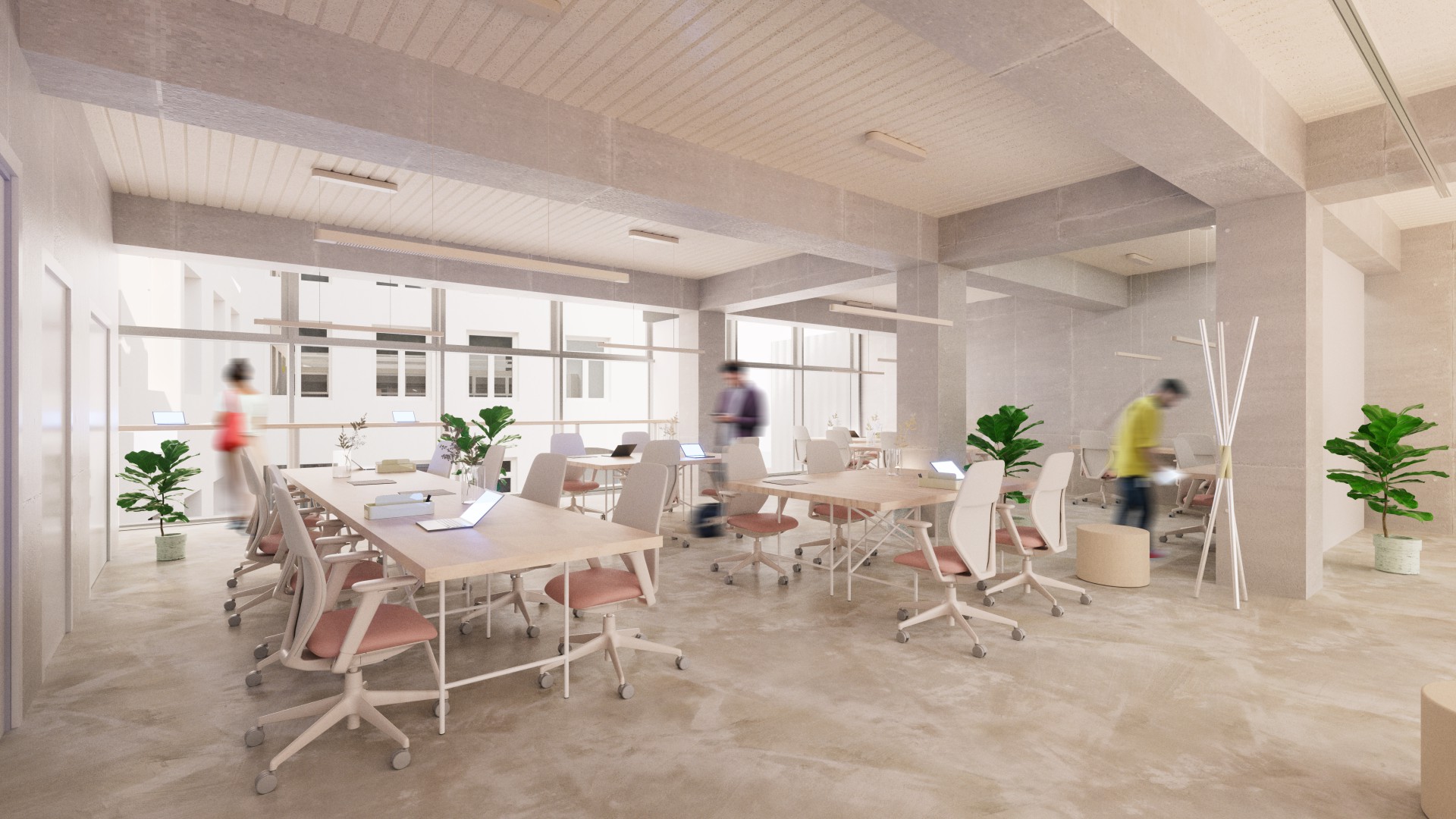 Offener Arbeitsbereich im 1. OG mit mehreren wei&szlig;en Schreibtischen, ergonomischen St&uuml;hlen und gro&szlig;en Fenstern, helle W&auml;nde und Betonboden